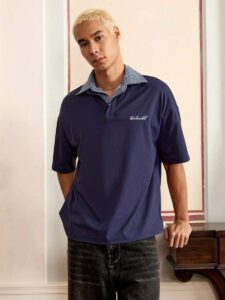SWAVVY Chemise polo décontractée de mode pour homme, 2 en 1, col bicolore, fleur brodée, logo anglais, ample – Image 2
