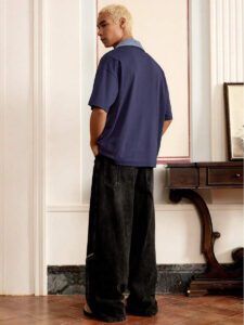 SWAVVY Chemise polo décontractée de mode pour homme, 2 en 1, col bicolore, fleur brodée, logo anglais, ample – Image 4