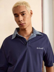 SWAVVY Chemise polo décontractée de mode pour homme, 2 en 1, col bicolore, fleur brodée, logo anglais, ample – Image 6