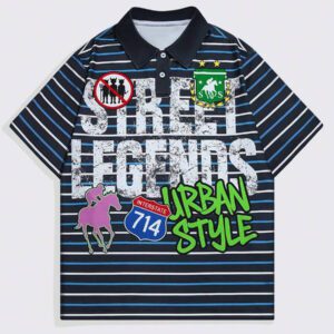 ROMWE MEN Prep Chemise polo d'été décontractée à manches courtes à rayures et lettres pour hommes