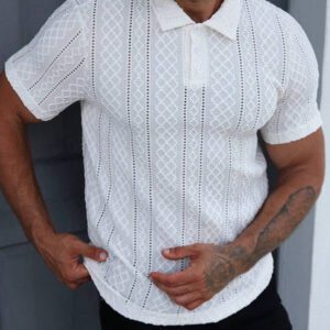 Manfinity Homme Chemise polo à manches courtes, décontractée/pour le travail, avec motif géométrique texturé pour hommes