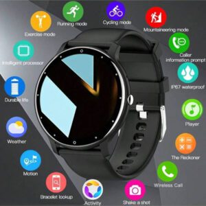 Montre connectée PEJE, taille d'écran 1,28 pouces, écran TFT, bracelet en silicone, indice de protection IP67 contre l'eau et la poussière, montre connectée multifonctionnelle avec connexion sans fil, télécommande, convient pour les sports en extérieur, la vie quotidienne, les voyages. Montre connectée légère et mini, facile à transporter, pour hommes et femmes, idéale comme cadeau pour les fêtes ou les anniversaires, compatible avec les systèmes Android et Apple.