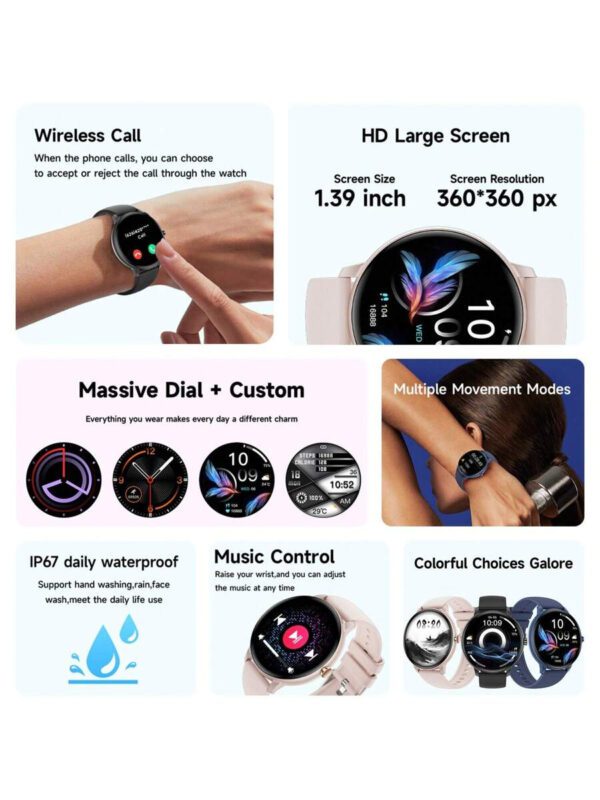 1 pièce Smartwatch TFT de 1,35 pouces pour hommes et femmes, tracker de fitness avec plusieurs modes d'exercice, prend en charge les appels sans fil, alerte d'informations, contrôle de la musique, cadrans personnalisés, compatible avec IOS/Android, cadeau – Image 4
