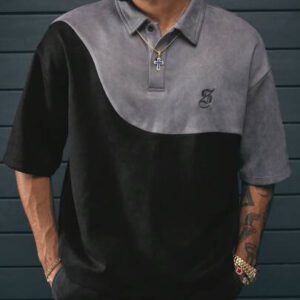 AXEPEAK Chemise polo ample pour hommes avec col contrasté et design brodé, école
