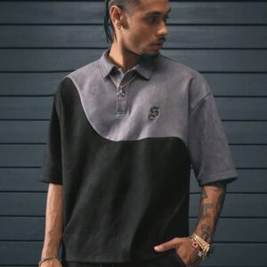 AXEPEAK Chemise polo ample pour hommes avec col contrasté et design brodé, école