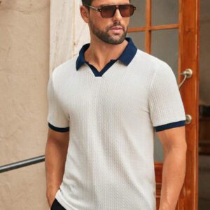 HIMLAND Polo Shirt Homme Casual Tricot Patchwork Col Rabattu Col V Ajusté Manches Courtes
