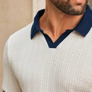 HIMLAND Polo Shirt Homme Casual Tricot Patchwork Col Rabattu Col V Ajusté Manches Courtes