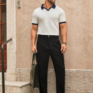 HIMLAND Polo Shirt Homme Casual Tricot Patchwork Col Rabattu Col V Ajusté Manches Courtes