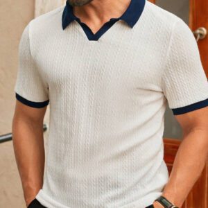 HIMLAND Polo Shirt Homme Casual Tricot Patchwork Col Rabattu Col V Ajusté Manches Courtes