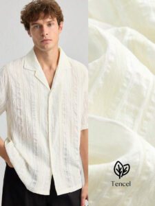 Ontre Chemise décontractée à col cranté et manches courtes, coupe droite. Motif rayé texturé confortable et respirant. Chemise décontractée jeune homme, convient aux festivals et à la vie de tous les jours – Image 3