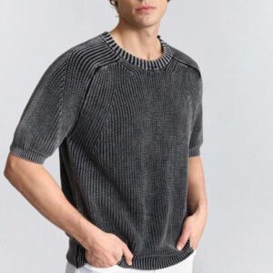 Ontre Tricot décontracté à col rond et manches courtes de couleur unie pour hommes, automne/hiver