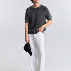 Ontre Tricot décontracté à col rond et manches courtes de couleur unie pour hommes, automne/hiver