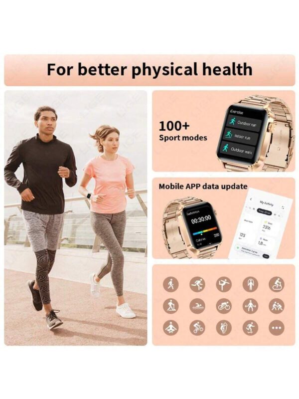 LIGE Montre connectée de mode LIGE, cadran carré, compteur de pas, chronométrage, exercice, appel sans fil, lecture de musique, rappel de réveil, montre connectée multifonctions pour femmes – Image 4