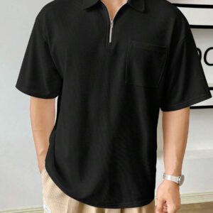 SWAVVY Chemise polo à quart de zip avec poche et patch pour homme pour l'été