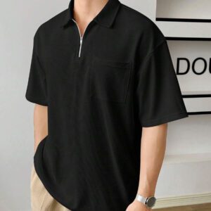 SWAVVY Chemise polo à quart de zip avec poche et patch pour homme pour l'été