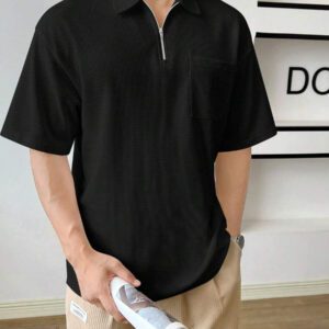 SWAVVY Chemise polo à quart de zip avec poche et patch pour homme pour l'été