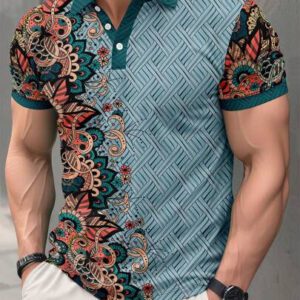 Chemise polo à manches courtes avec imprimé floral, décontractée et professionnelle pour hommes