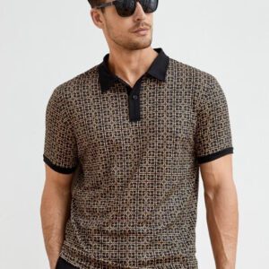 HIMLAND Polo-chemise pour homme à imprimé intégral et bordure contrastée, polo vintage de couleur khaki à blocs de couleur pour le travail, pour mari