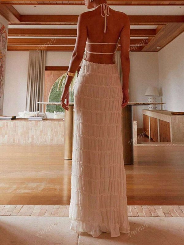 Robe ras-du-cou dos nu croisé à la mode pour femmes, tenue de plage sexy, vacances, rue élégante et romantique de couleur unie – Image 3