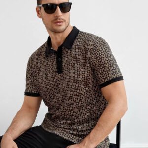 HIMLAND Polo-chemise pour homme à imprimé intégral et bordure contrastée, polo vintage de couleur khaki à blocs de couleur pour le travail, pour mari