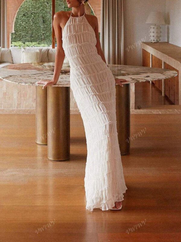 Robe ras-du-cou dos nu croisé à la mode pour femmes, tenue de plage sexy, vacances, rue élégante et romantique de couleur unie – Image 5