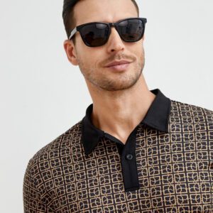 HIMLAND Polo-chemise pour homme à imprimé intégral et bordure contrastée, polo vintage de couleur khaki à blocs de couleur pour le travail, pour mari