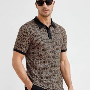 HIMLAND Polo-chemise pour homme à imprimé intégral et bordure contrastée, polo vintage de couleur khaki à blocs de couleur pour le travail, pour mari