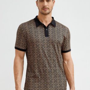 HIMLAND Polo-chemise pour homme à imprimé intégral et bordure contrastée, polo vintage de couleur khaki à blocs de couleur pour le travail, pour mari