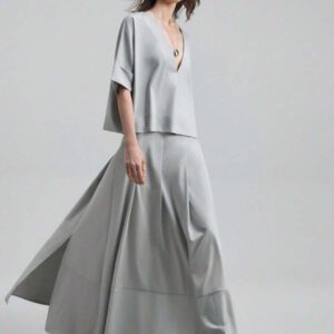 Ontre Tenue décontractée de haute qualité pour femmes d'affaires, comprenant un ensemble deux pièces ample et confortable : un Top à manches dolman col V et une jupe cintrée à la taille avec design de bordure contrastée, convenant pour le bureau, les déplacements et les voyages