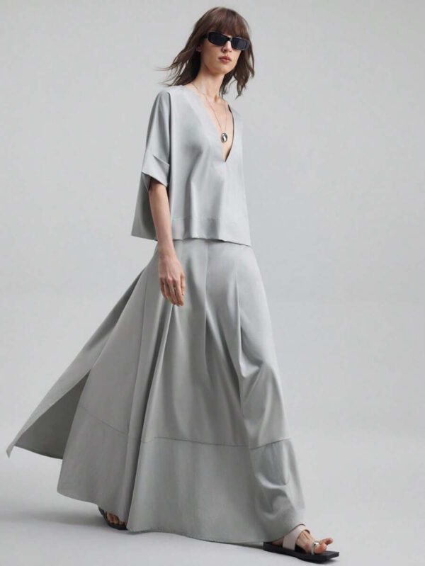 Ontre Tenue décontractée de haute qualité pour femmes d'affaires, comprenant un ensemble deux pièces ample et confortable : un Top à manches dolman col V et une jupe cintrée à la taille avec design de bordure contrastée, convenant pour le bureau, les déplacements et les voyages – Image 8