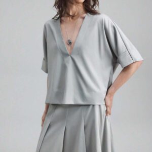 Ontre Tenue décontractée de haute qualité pour femmes d'affaires, comprenant un ensemble deux pièces ample et confortable : un Top à manches dolman col V et une jupe cintrée à la taille avec design de bordure contrastée, convenant pour le bureau, les déplacements et les voyages