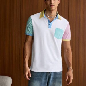 SWAVVY Chemise polo de mode urbaine de couleur de bloc de couleur des années 90 à bouton moitié et en coton pour hommes, avec détail de poche, cadeau de petit ami