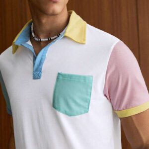 SWAVVY Chemise polo de mode urbaine de couleur de bloc de couleur des années 90 à bouton moitié et en coton pour hommes, avec détail de poche, cadeau de petit ami