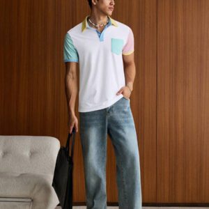 SWAVVY Chemise polo de mode urbaine de couleur de bloc de couleur des années 90 à bouton moitié et en coton pour hommes, avec détail de poche, cadeau de petit ami