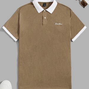 SWAVVY Chemise graphique à col contrasté pour homme avec lettre, demi-bouton, chemise polo Khaki à blocs de couleur vintage des années 90 pour les vacances de mari