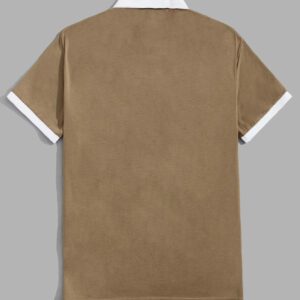 SWAVVY Chemise graphique à col contrasté pour homme avec lettre, demi-bouton, chemise polo Khaki à blocs de couleur vintage des années 90 pour les vacances de mari