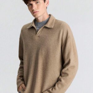Ontre Chemise polo manches longues décontractée ample en kaki unicolore pour hommes, en tissu brossé, polyvalente pour le quotidien, les trajets, les vacances, les fêtes, le Nouvel An