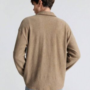 Ontre Chemise polo manches longues décontractée ample en kaki unicolore pour hommes, en tissu brossé, polyvalente pour le quotidien, les trajets, les vacances, les fêtes, le Nouvel An