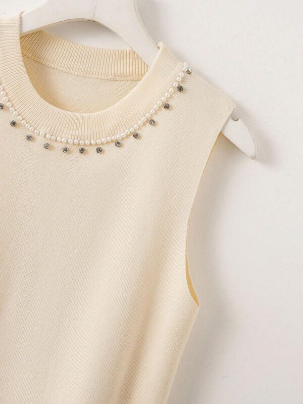 INAWLY Débardeur tricoté de mode à col rond avec décoration de strass pour femme – Image 6