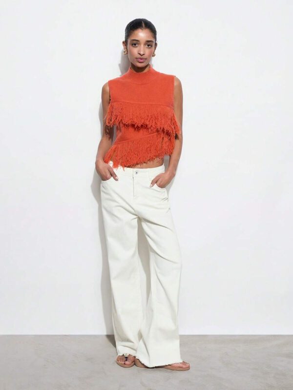 Maija Top décontracté sans manches en tricot à pompons, couleur unie, à la mode, ourlet asymétrique, épaules dénudées – Image 2