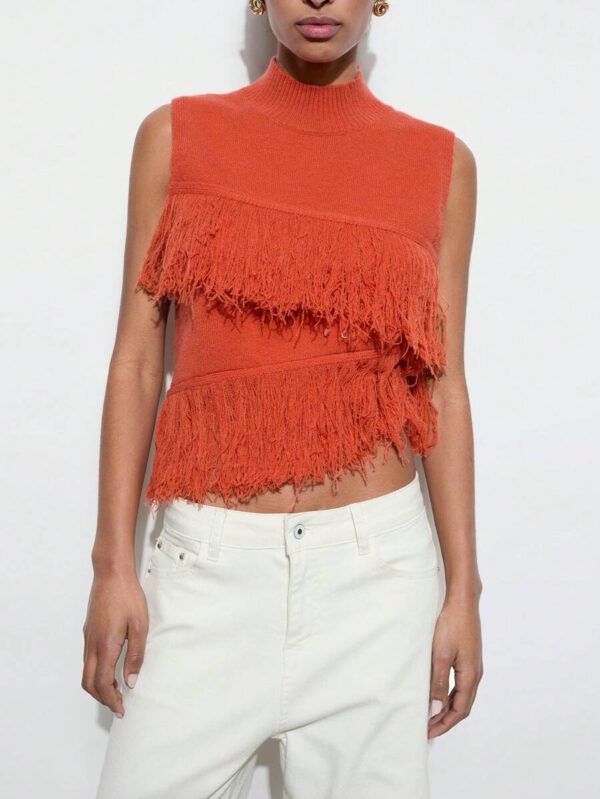 Maija Top décontracté sans manches en tricot à pompons, couleur unie, à la mode, ourlet asymétrique, épaules dénudées – Image 3