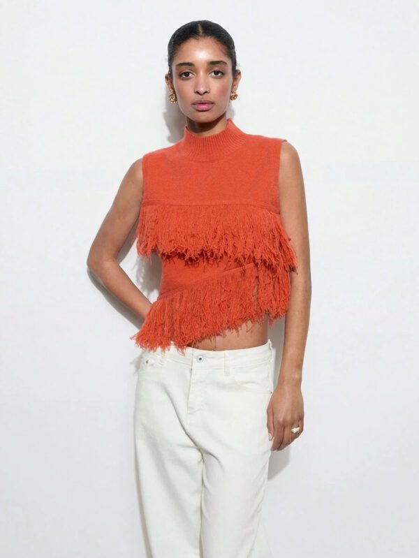 Maija Top décontracté sans manches en tricot à pompons, couleur unie, à la mode, ourlet asymétrique, épaules dénudées – Image 5