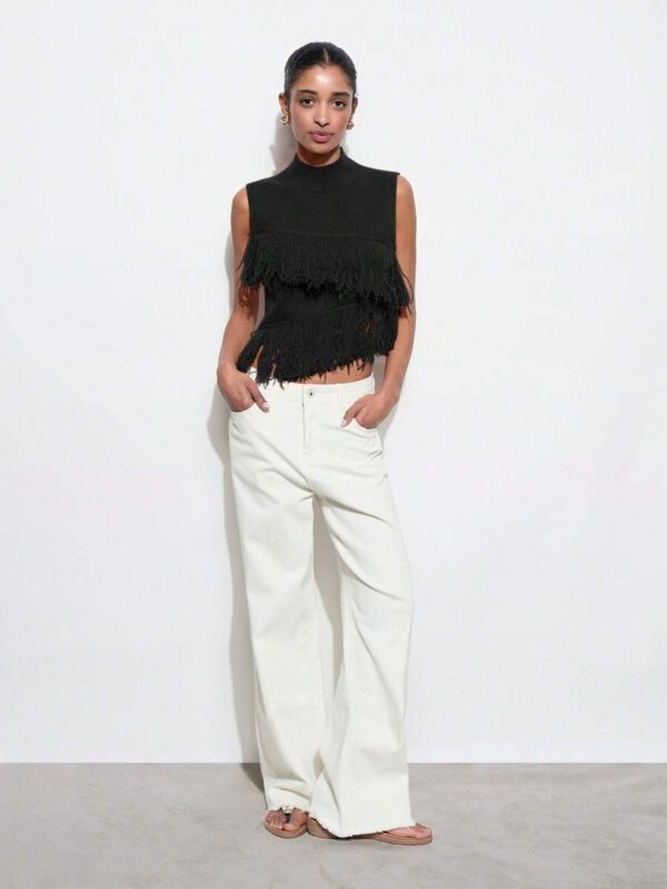 Maija Top décontracté sans manches en tricot à pompons, couleur unie, à la mode, ourlet asymétrique, épaules dénudées – Image 11