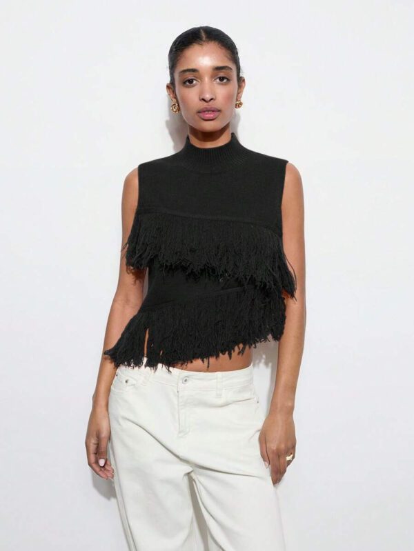 Maija Top décontracté sans manches en tricot à pompons, couleur unie, à la mode, ourlet asymétrique, épaules dénudées – Image 13