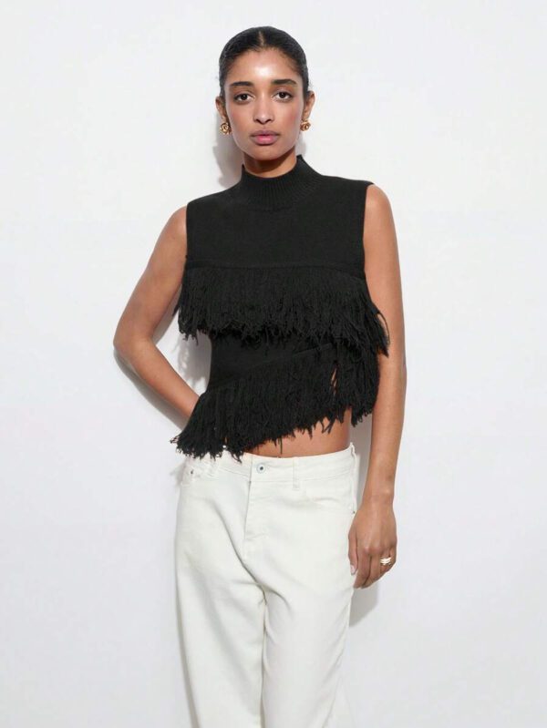 Maija Top décontracté sans manches en tricot à pompons, couleur unie, à la mode, ourlet asymétrique, épaules dénudées – Image 14