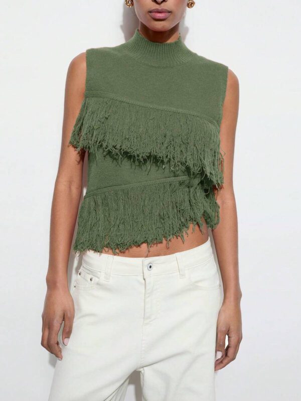 Maija Top décontracté sans manches en tricot à pompons, couleur unie, à la mode, ourlet asymétrique, épaules dénudées – Image 21