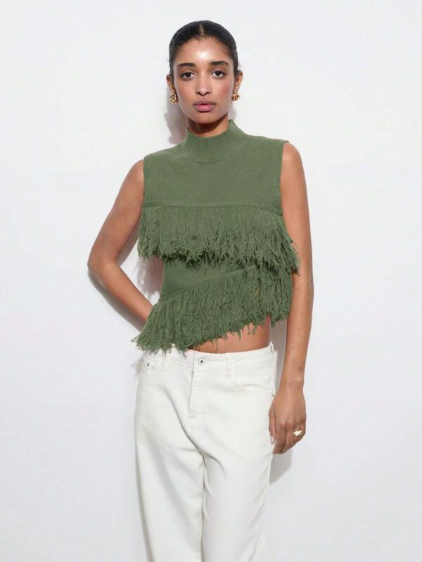 Maija Top décontracté sans manches en tricot à pompons, couleur unie, à la mode, ourlet asymétrique, épaules dénudées – Image 23