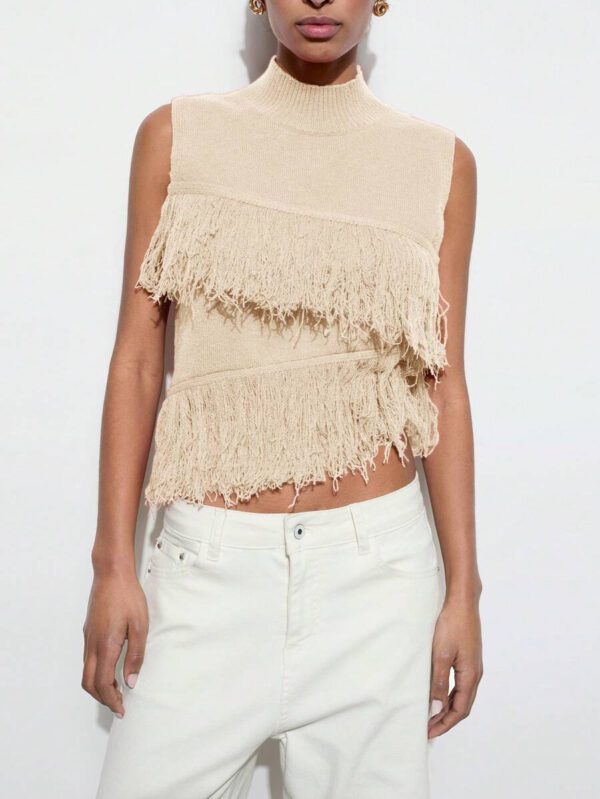 Maija Top décontracté sans manches en tricot à pompons, couleur unie, à la mode, ourlet asymétrique, épaules dénudées – Image 30