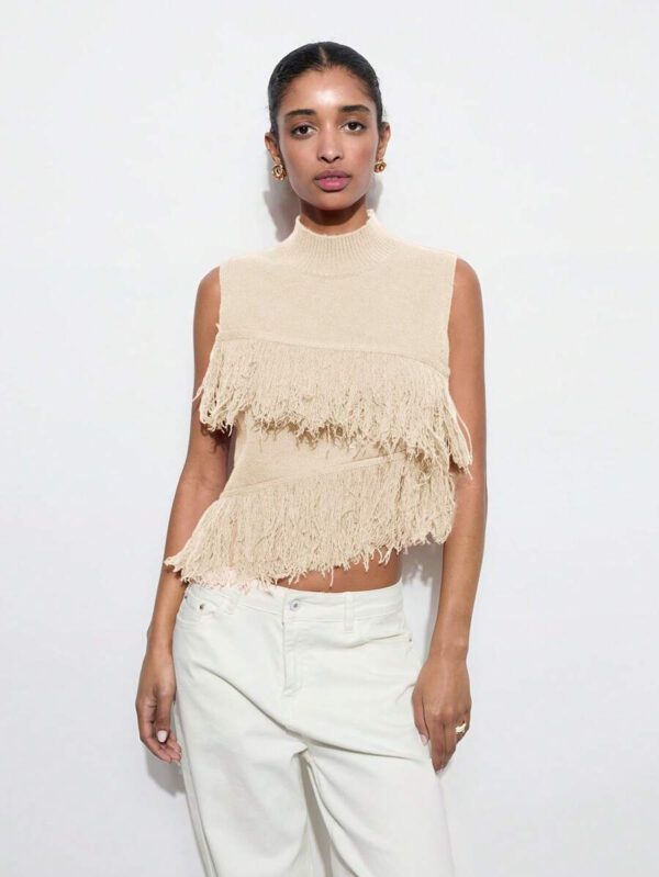 Maija Top décontracté sans manches en tricot à pompons, couleur unie, à la mode, ourlet asymétrique, épaules dénudées – Image 31