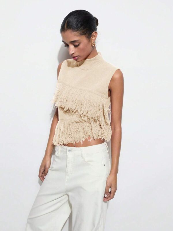 Maija Top décontracté sans manches en tricot à pompons, couleur unie, à la mode, ourlet asymétrique, épaules dénudées – Image 34